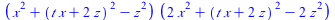 `*`(`+`(`*`(`^`(x, 2)), `*`(`^`(`+`(`*`(t, `*`(x)), `*`(2, `*`(z))), 2)), `-`(`*`(`^`(z, 2)))), `*`(`+`(`*`(2, `*`(`^`(x, 2))), `*`(`^`(`+`(`*`(t, `*`(x)), `*`(2, `*`(z))), 2)), `-`(`*`(2, `*`(`^`(z, ...