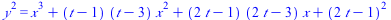 `*`(`^`(y, 2)) = `+`(`*`(`^`(x, 3)), `*`(`+`(t, `-`(1)), `*`(`+`(t, `-`(3)), `*`(`^`(x, 2)))), `*`(`+`(`*`(2, `*`(t)), `-`(1)), `*`(`+`(`*`(2, `*`(t)), `-`(3)), `*`(x))), `*`(`^`(`+`(`*`(2, `*`(t)), `...