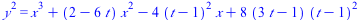 `*`(`^`(y, 2)) = `+`(`*`(`^`(x, 3)), `*`(`+`(2, `-`(`*`(6, `*`(t)))), `*`(`^`(x, 2))), `-`(`*`(4, `*`(`^`(`+`(t, `-`(1)), 2), `*`(x)))), `*`(8, `*`(`+`(`*`(3, `*`(t)), `-`(1)), `*`(`^`(`+`(t, `-`(1)),...