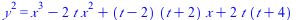 `*`(`^`(y, 2)) = `+`(`*`(`^`(x, 3)), `-`(`*`(2, `*`(t, `*`(`^`(x, 2))))), `*`(`+`(t, `-`(2)), `*`(`+`(t, 2), `*`(x))), `*`(2, `*`(t, `*`(`+`(t, 4)))))