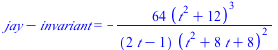 `+`(jay, `-`(invariant)) = `+`(`-`(`/`(`*`(64, `*`(`^`(`+`(`*`(`^`(t, 2)), 12), 3))), `*`(`+`(`*`(2, `*`(t)), `-`(1)), `*`(`^`(`+`(`*`(`^`(t, 2)), `*`(8, `*`(t)), 8), 2))))))