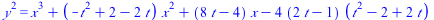 `*`(`^`(y, 2)) = `+`(`*`(`^`(x, 3)), `*`(`+`(`-`(`*`(`^`(t, 2))), 2, `-`(`*`(2, `*`(t)))), `*`(`^`(x, 2))), `*`(`+`(`*`(8, `*`(t)), `-`(4)), `*`(x)), `-`(`*`(4, `*`(`+`(`*`(2, `*`(t)), `-`(1)), `*`(`+...