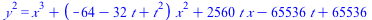`*`(`^`(y, 2)) = `+`(`*`(`^`(x, 3)), `*`(`+`(`-`(64), `-`(`*`(32, `*`(t))), `*`(`^`(t, 2))), `*`(`^`(x, 2))), `*`(2560, `*`(t, `*`(x))), `-`(`*`(65536, `*`(t))), 65536)