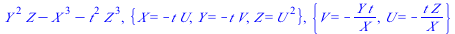 `+`(`*`(`^`(Y, 2), `*`(Z)), `-`(`*`(`^`(X, 3))), `-`(`*`(`^`(t, 2), `*`(`^`(Z, 3))))), {X = `+`(`-`(`*`(t, `*`(U)))), Y = `+`(`-`(`*`(t, `*`(V)))), Z = `*`(`^`(U, 2))}, {V = `+`(`-`(`/`(`*`(Y, `*`(t))...