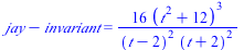`+`(jay, `-`(invariant)) = `+`(`/`(`*`(16, `*`(`^`(`+`(`*`(`^`(t, 2)), 12), 3))), `*`(`^`(`+`(t, `-`(2)), 2), `*`(`^`(`+`(t, 2), 2)))))