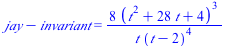 `+`(jay, `-`(invariant)) = `+`(`/`(`*`(8, `*`(`^`(`+`(`*`(`^`(t, 2)), `*`(28, `*`(t)), 4), 3))), `*`(t, `*`(`^`(`+`(t, `-`(2)), 4)))))